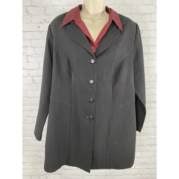 VTG Fashion Bug Black Red Striped Blazer Jacket With Red Dickie Collar 16W - Picture 1 of 12